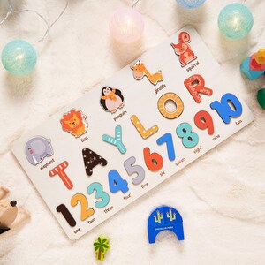 Kundenspezifisches hölzernes Namenspuzzle, personalisiertes Puzzle für Kinder, Montessori-Kleinkind-Spielzeug, kundenspezifisches Babypartygeschenk, erstes Geburtstagsgeschenk