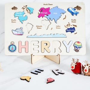 Houten naampuzzel wereldkaart, naampuzzel educatief speelgoed, gepersonaliseerd verjaardagscadeau, montessori-babyspeelgoed