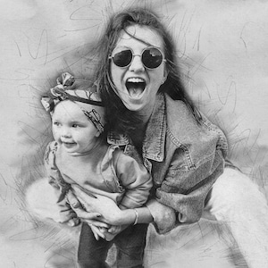 Desenho a lápis de retrato personalizado a partir de foto, retrato de casal de arte digital de família personalizado pronto para impressão, presente de aniversário para a mãe
