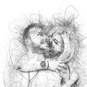 May include: A black and white line drawing of a couple embracing. The drawing is made up of many small lines that create a sense of movement and energy.