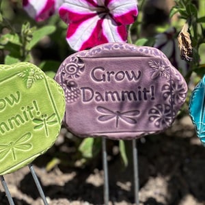 May include: Three ceramic garden markers with the text "Grow Dammit!" in different colors. The markers are green, purple, and blue and have a dragonfly design.