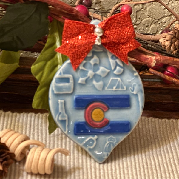 Colorado Ornament / Handmade Ceramics / Colorado Theme with State Flag Lovely Gift / Souvenir / Mountain Lover Traveler Gift INSTOCK