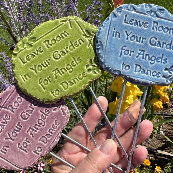 Garden Decor Stake "Leave Room In Your Garden for Angels to Dance" / Ceramic Clay Handmade / Garden Art Sign Gift / Remembrance Garden Gift