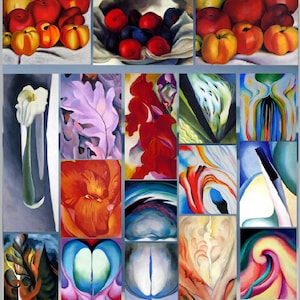 May include: A collage of 16 abstract paintings by Georgia O'Keeffe. The paintings feature various colors and shapes, including flowers, leaves, and abstract forms. The paintings are arranged in a grid pattern.