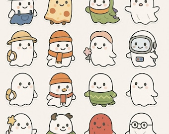 Ghostie Parade – 184 söta spök-PNG:er + JPG:er | Kawaii-klistermärken för planerare, anteckningsblock och digitalt hantverk