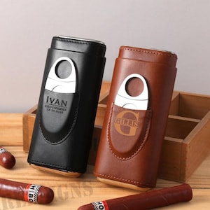 Personalized Cigar Case, Leather Cigar Holder with Cutter, Cigar Travel Case, Groomsmen Gifts, Gift for Dad Husband Him, Father&#39;s Day Gifts