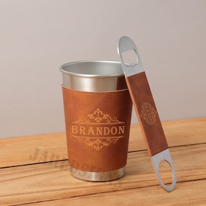 Groomsmen Gifts, Personalized Beer Cup, Beer Mug with Leather Can Holder, Beer Cup & Bottle Opener, Groomsmen Proposal, Bachelor Party Gifts