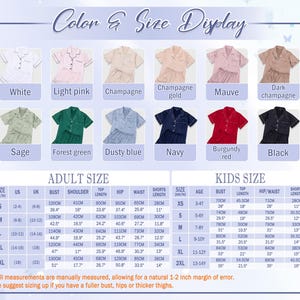 May include: Image displays a color and size chart for pajama sets. The chart shows various colors like white, pink, and navy, with adult and kids' size measurements in inches and centimeters. Text includes sizing suggestions.