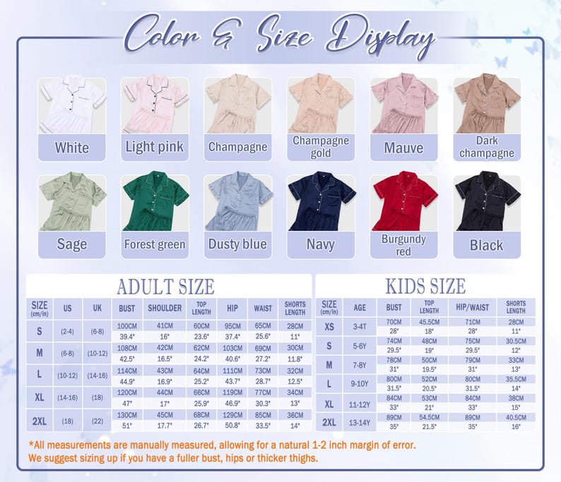 May include: Image displays a color and size chart for pajama sets. The chart shows various colors like white, pink, and navy, with adult and kids' size measurements in inches and centimeters. Text includes sizing suggestions.