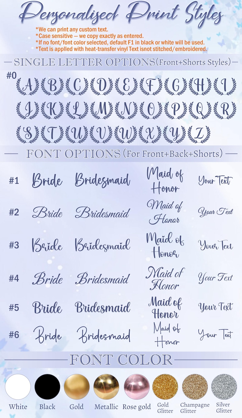 May include: Image showcasing personalized print styles, including single letter options within laurel wreaths and various font choices for text. Font colors include white, black, gold, and glitter options.