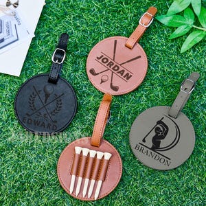 Personalisierter Golftaschenanhänger aus Leder mit Tees, benutzerdefiniertes Golfzubehör, gravierte Golftasche Namensschild, Golfgepäckanhänger, Golfgeschenke für Männer oder Frauen
