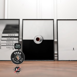 No AI Wall Art Mockup – Ray Traced – True Aspect Ratios – Set of 3 Leaning Black Frames, Monochrome Modern Interior – Premium PSD