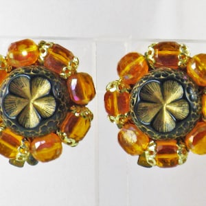 Vintage West Germany Light Brown Crystal Floral Glass Cluster Clip Earrings E-1-1 image 1