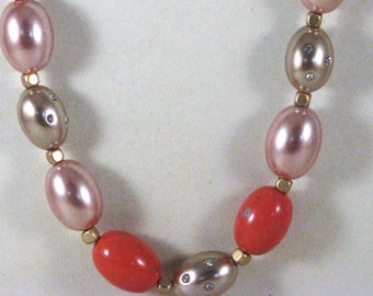 Jones New York Vintage Long Single Strand Pink Bead e Clear Rhinestone Collana (N-3-2)