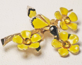 Vintage Gold Tone Yellow Enamel Bird and Flowers Brooch Pin (B-4-5)