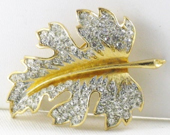 Vintage Lisner Rhinestone Leaf Brooch Pin (B-2-5)