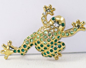 Vintage Monet Gold Tone Green Rhinestone Frog Brooch Pin (B-1-5)