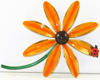 Vintage Mod Orange Enameled Flower Power Lady Bug Floral Brooch Pin (B-1-1)