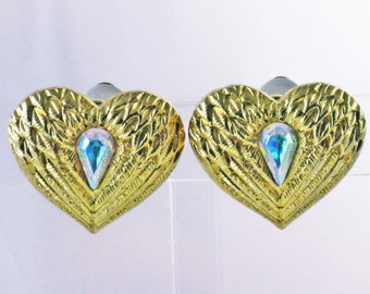 Kirk's Folly Vintage Gold Tone and Aurora Borealis Crystal Rhinestone Heart Clip Earrings  (E-1-1)