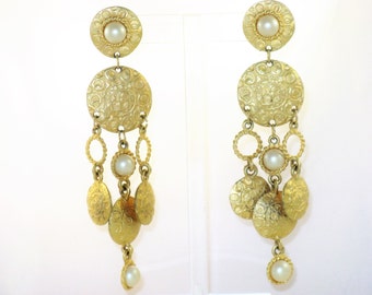 Vintage Very Long Dangling Gold Tone Faux Pearl Pierced Post Earrings (E-1-4)