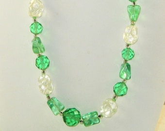 Long Green and Clear Glass Bead Vintage Necklace (N-2-3)