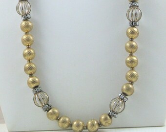 Gold Tone Caged Beaded Rhinestone Vintage Necklace (N-3-2)