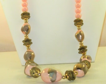 Long Pink and Gold Glass and Lucite Beaded Necklace (N-3-4)