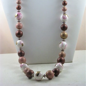 Long Pink, Copper and Gold Glass Beaded Necklace (N-3-4)