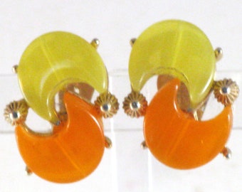 Pakula Vintage Orange and Yellow Crescent Thermoset Clip Earrings (E-2-2)