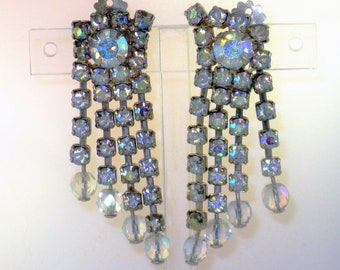 Long Dangling Crystal and Blue Aurora Borealis Rhinestone Vintage Clip Earrings  (E-1-5)