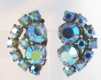 Vintage Aurora Borealis Rhinestone Clip Earrings (E-1-4)