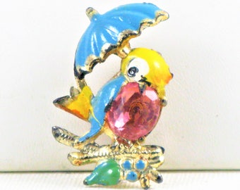 Antique Vintage Collectible Painted Celluloid Jelly Belly Bird With Umbrella Brooch Pin (B-2-2)