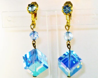 Vintage Blue Crystal Glass Dangling Clip Earrings  (E-1-5)