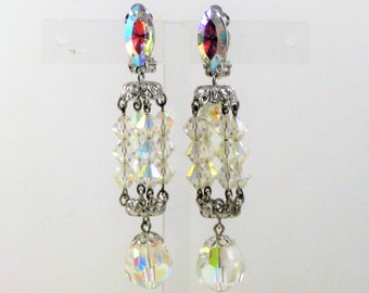 Lewis Segal Dangling Clear Crystal Chandelier Vintage Clip Earrings (E-2-1)