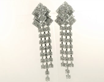 Long Dangling Clear Rhinestone Vintage Pierced Post Earrings  (E-2-3)