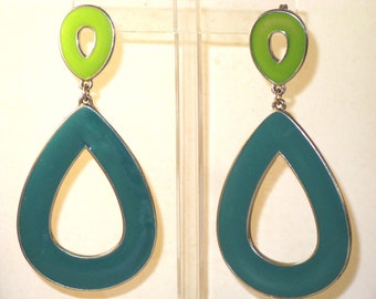 Large Long Dangling Enameled Teal Blue and Lime Green Pierced Post Earrings  (E-2-3)