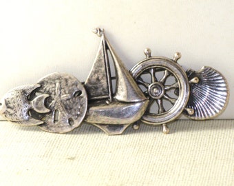 Vintage Silver Tone Nautical Sailboat, Fish, Seashell Brooch (B-2-5)