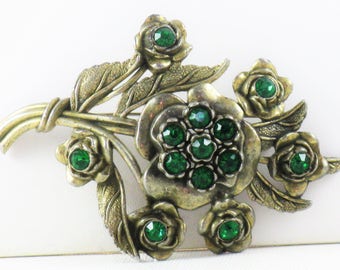 Antique Vintage 1930s Little Nemo Green Rhinestone Floral Bouquet Brooch Pin (B-3-1)