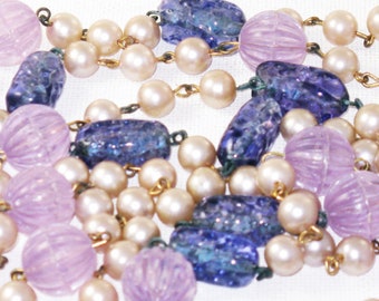Vintage Lavender Glass, Lucite, Faux Pearl Long Flapper Necklace (N-4-1)