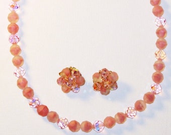 Vintage Pink Givre Glass and Crystal Necklace and Clip Earrings Demi Parure (N-1-6)