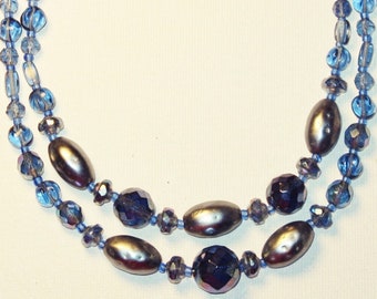 Vintage West Germany Double Strand Blue Glass Necklace (N-1-5)