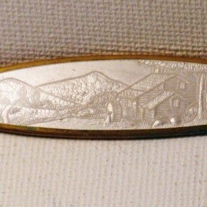 Antique Vintage Victorian Edwardian White Guilloche Cabin Scene Brooch Pin (B-4-3)