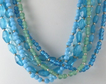 Vintage Blue and Green Glass Multistrand Necklace (N-3-3)