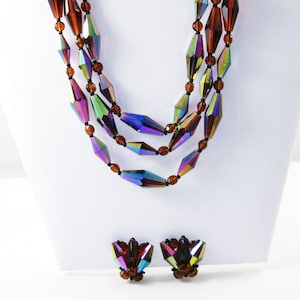 West Germany Vintage Faux Iridescent Crystal Triple Strand Necklace and Earrings Demi Set N-4-1 image 1