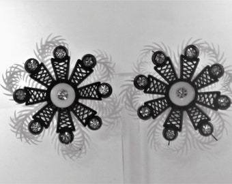Black and White Vintage West Germany Plastic and Rhinestone Floral Earrings (E-1-4)