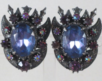 Florenza Vintage Silver Tone Multicolored Rhinestone Clip Earrings (E-2-2)