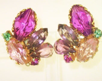 Vintage Multicolored Poured Glass and Rhinestone Clip Earrings (E-1-4)