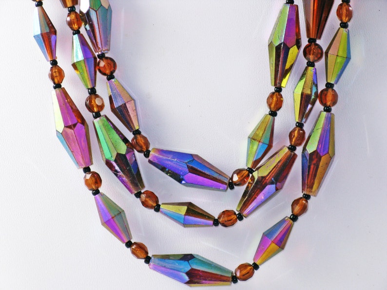 West Germany Vintage Faux Iridescent Crystal Triple Strand Necklace and Earrings Demi Set N-4-1 image 2