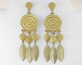 Vintage Long Dangling Gold Tone Pierced Post Earrings (E-2-1)