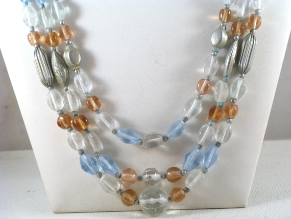 Collier Vintage 3 Rangs Perles En Pâte De Verre Bleu Ciel Mordoré - Années 1930/1950